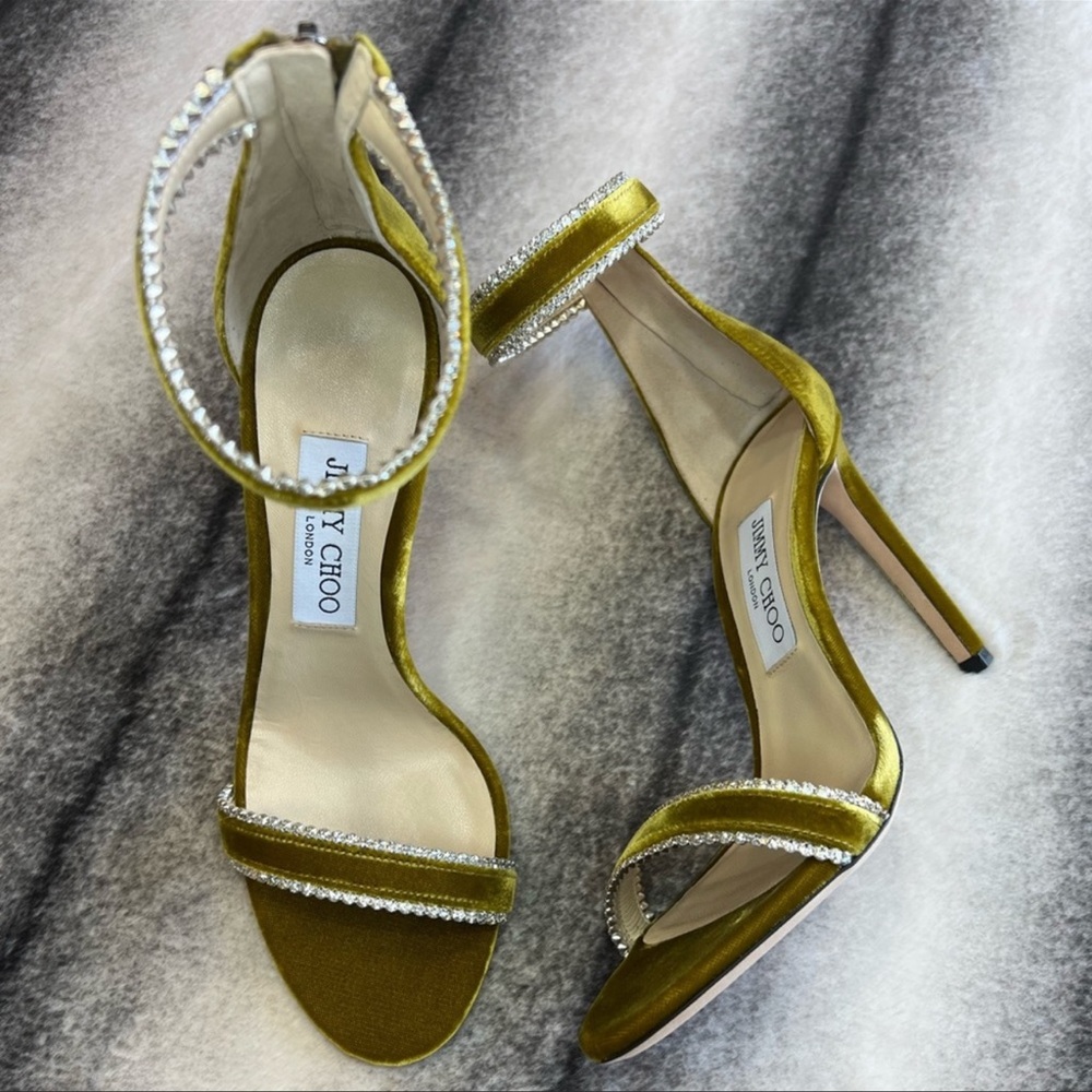 Jimmy Choo Dochas 100 Citrus Velvet Jewel Trim Heels Sandals - Picture 4 of 11